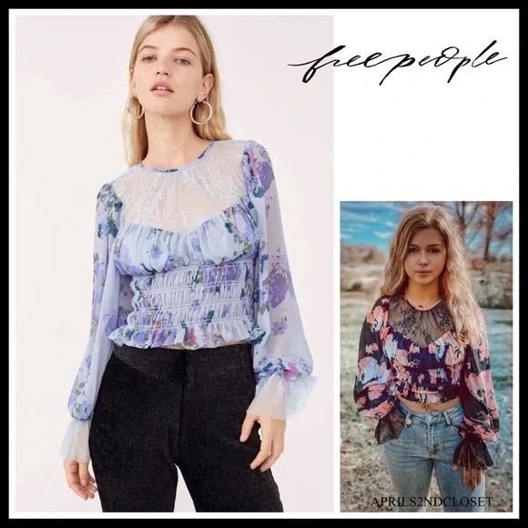 FREE PEOPLE BOHO BLOUSE FLORAL PRINT LACE CROP TOP A3C - Picture 7 of 10